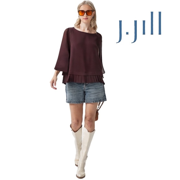 J. Jill Blouse Top Shirt Tunic Pinot Colour Versatile ¾ Sleeve Pleated Flounce - Picture 1 of 11